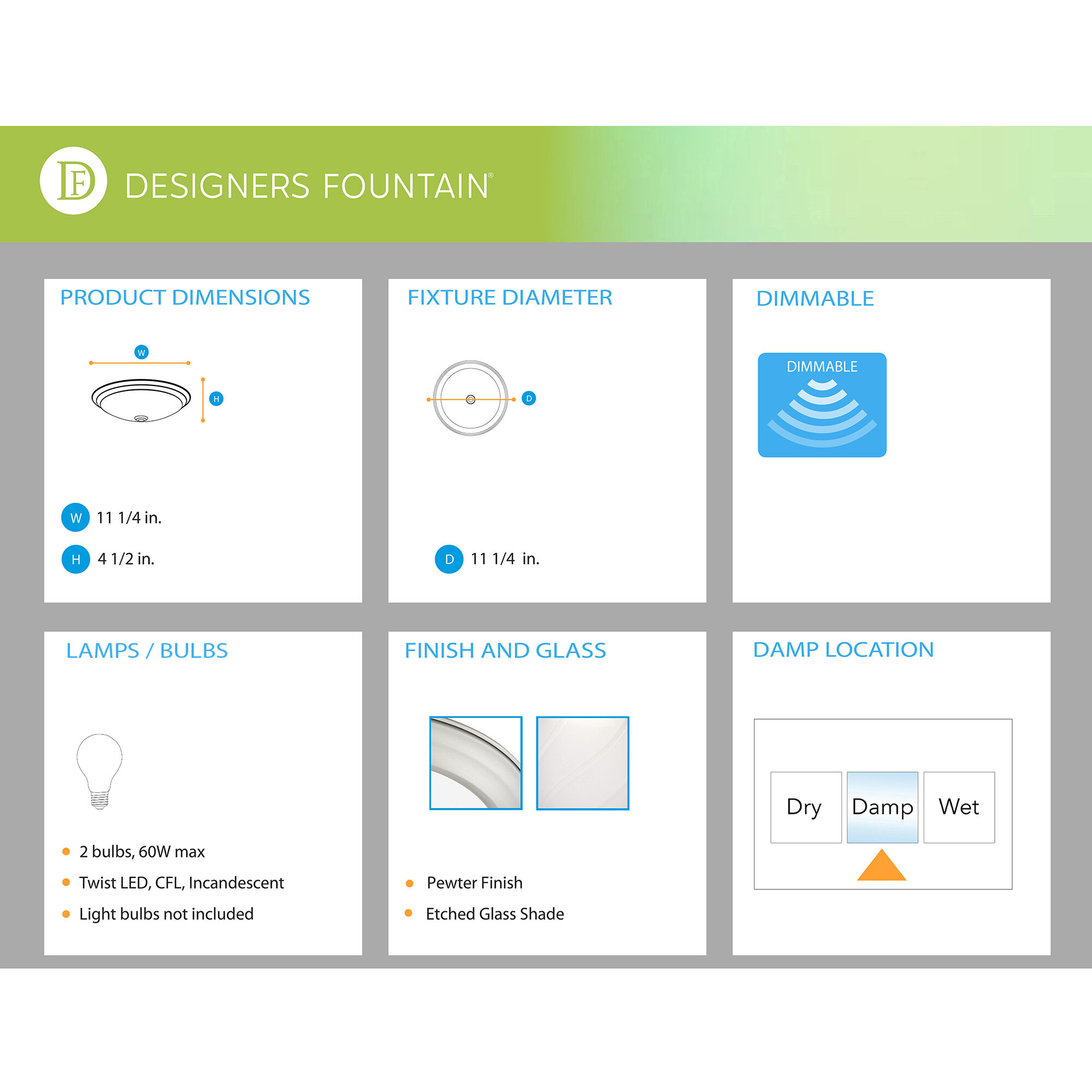 Decorative 2 Light 11 inch Pewter Flushmount Ceiling Light in Etched, Small